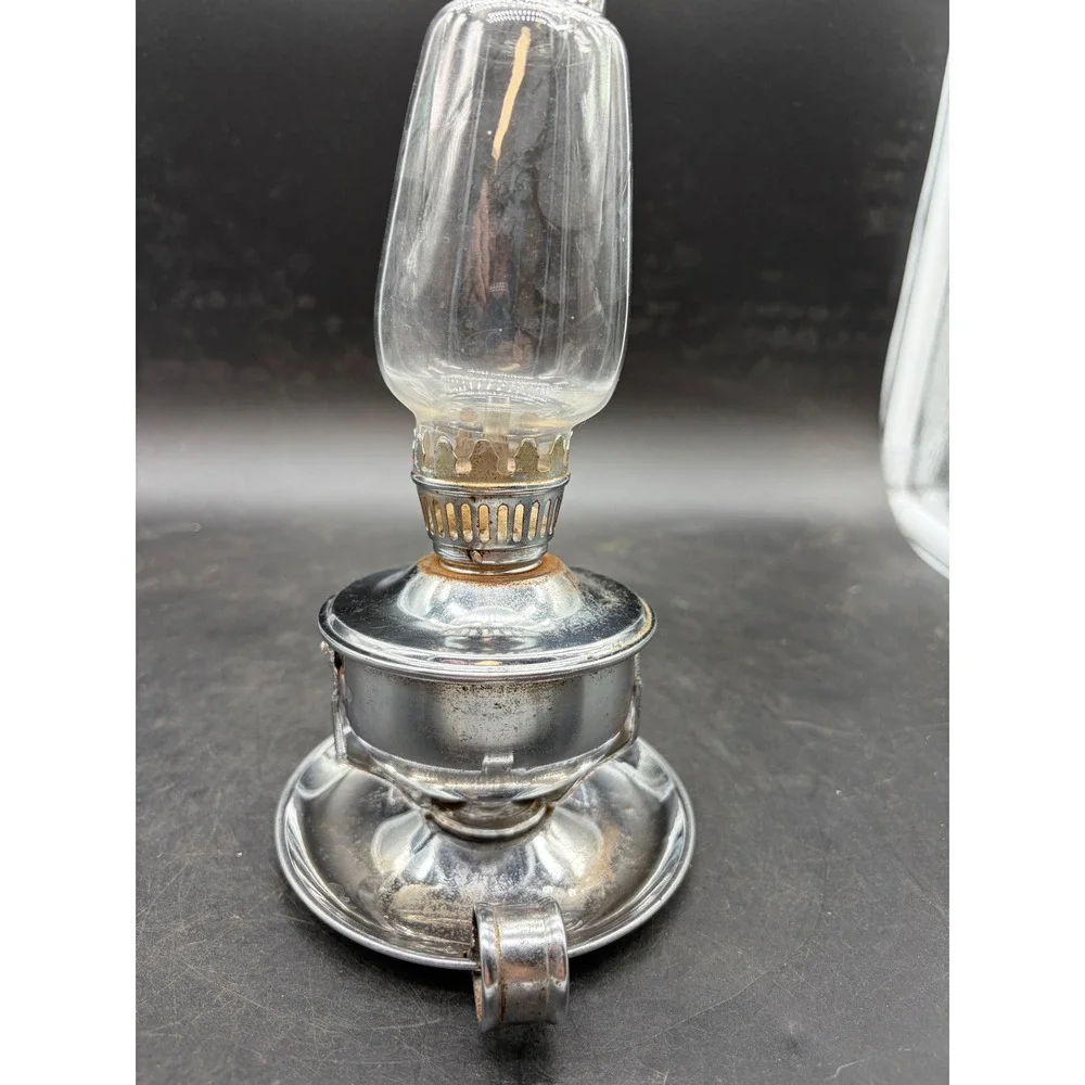 Vintage Miniature Chrome Oil Lamp with Glass Chimney Finger Hold Base